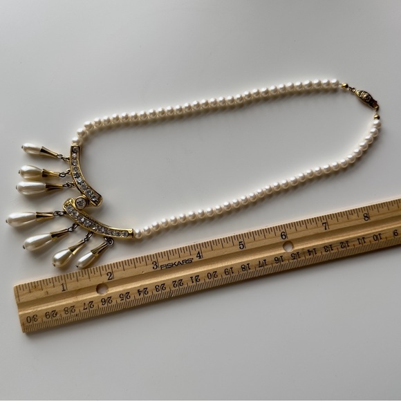Vintage Faux Pearls Teardrop Tassels with Rhinestones Necklace - Picture 11 of 11